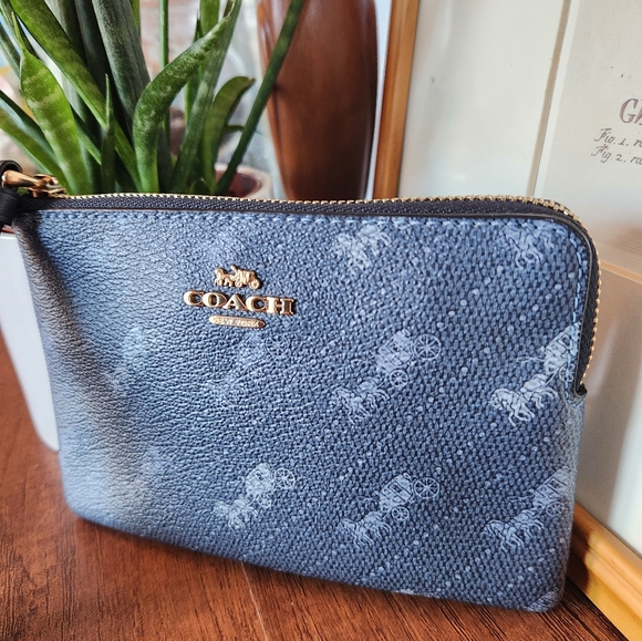 COACH Corner Zip Wristlet With Horse And Carriage Dot Print COLOR:Gold/Denim - Picture 4 of 9